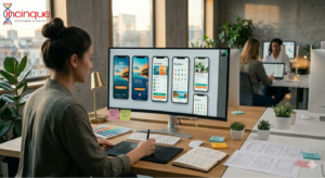A professional UI/UX designer working in a modern office on mobile application interface designs displayed on a large monitor.