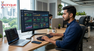 A professional developer working in a modern office, analyzing web performance analytics and Core Web Vitals on a large monitor.