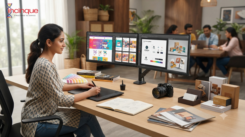 Graphic designer working on digital and print design projects in a modern creative studio.