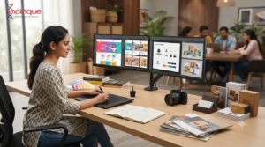 Graphic designer working on digital and print design projects in a modern creative studio.