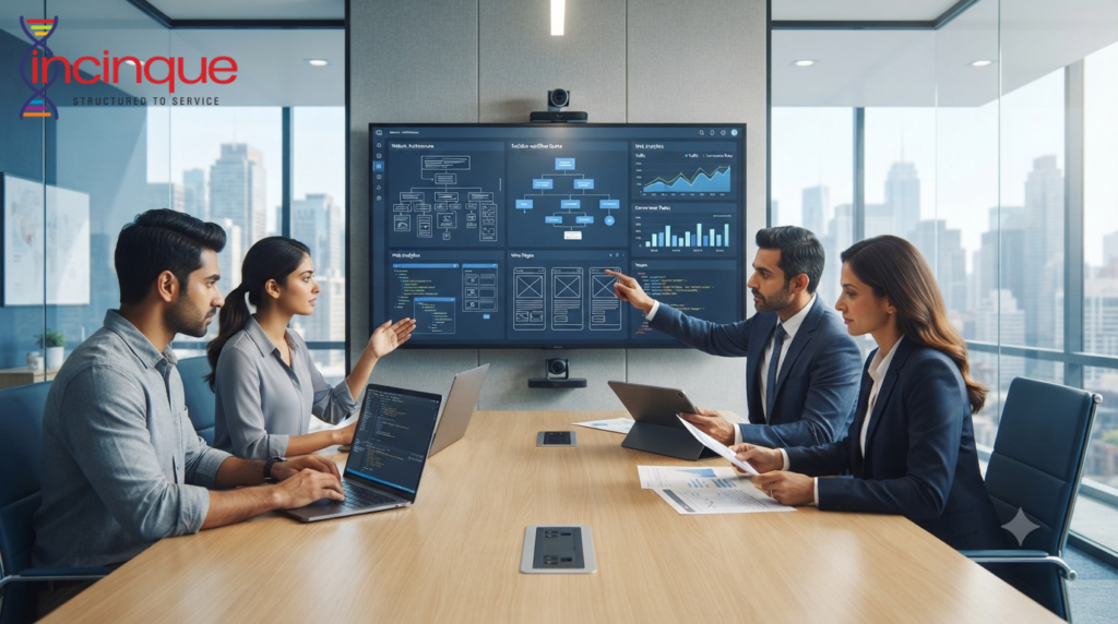 An Indian business team analyzing website growth strategies and analytics on a large display in a modern office.