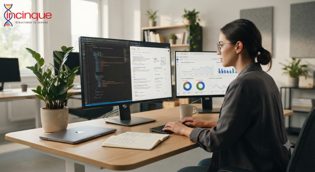 SEO expert implementing schema markup to improve website search visibility
