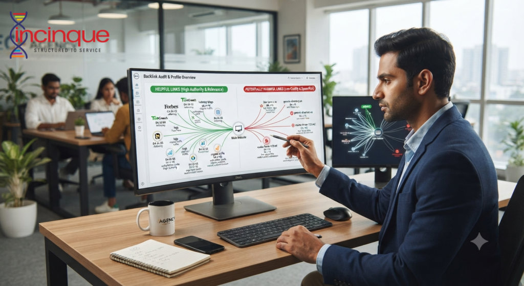 SEO professional analysing a backlink profile for helpful and harmful links