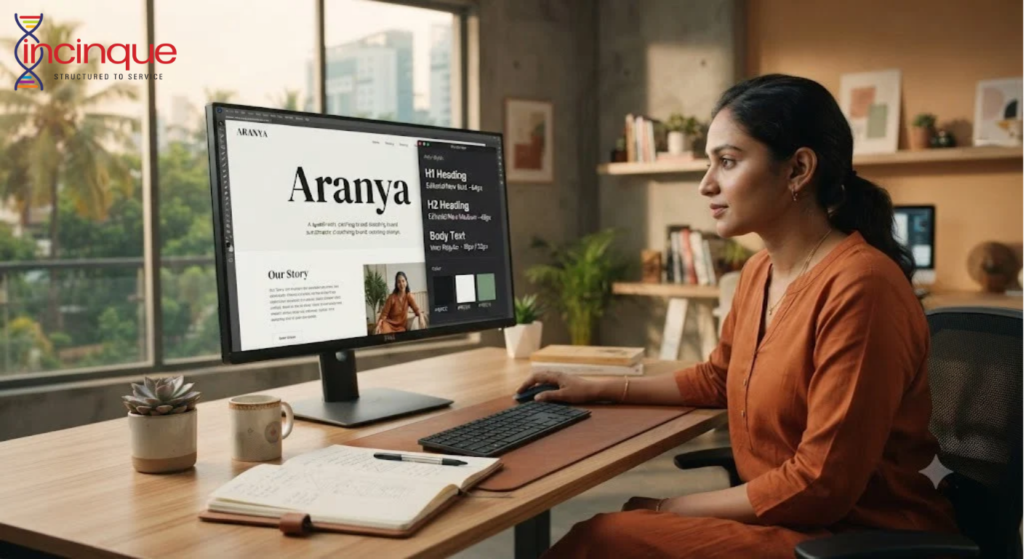 website designer working on typography and layout for a professional business website on a large desktop monitor