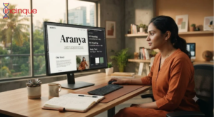 website designer working on typography and layout for a professional business website on a large desktop monitor