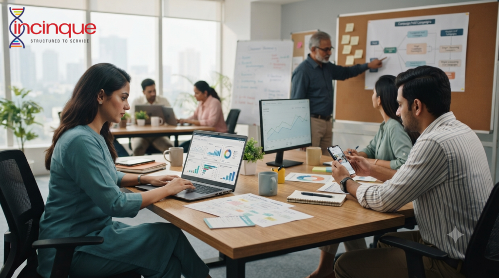 Digital marketing team managing paid social media campaigns and advertising analytics
