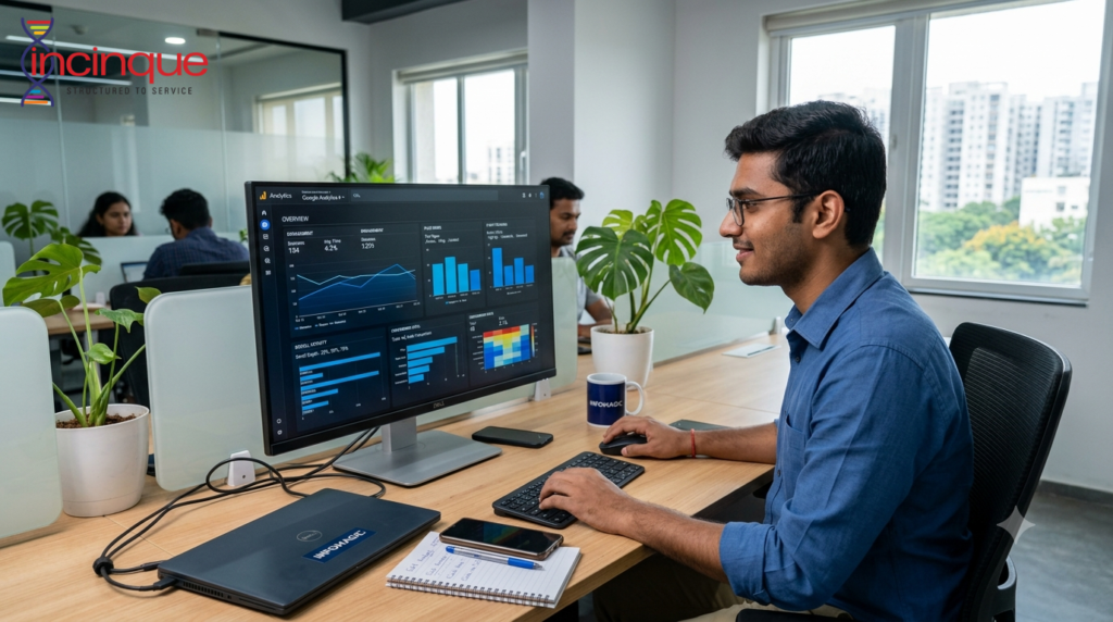 Digital marketing analyst reviewing GA4 event tracking data and website user interactions on a computer screen