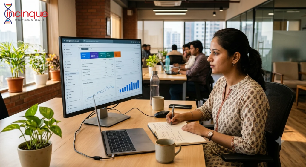 Digital marketing specialist analysing search queries and SEO data to understand search intent.