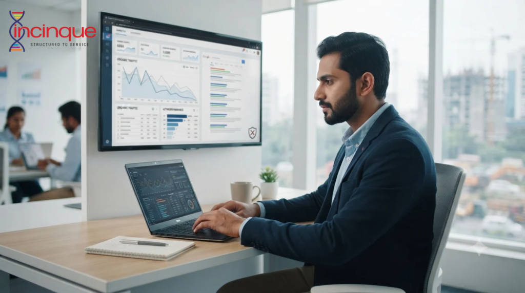 South Asian SEO specialist analysing website rankings and organic traffic on a computer