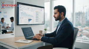 South Asian SEO specialist analysing website rankings and organic traffic on a computer